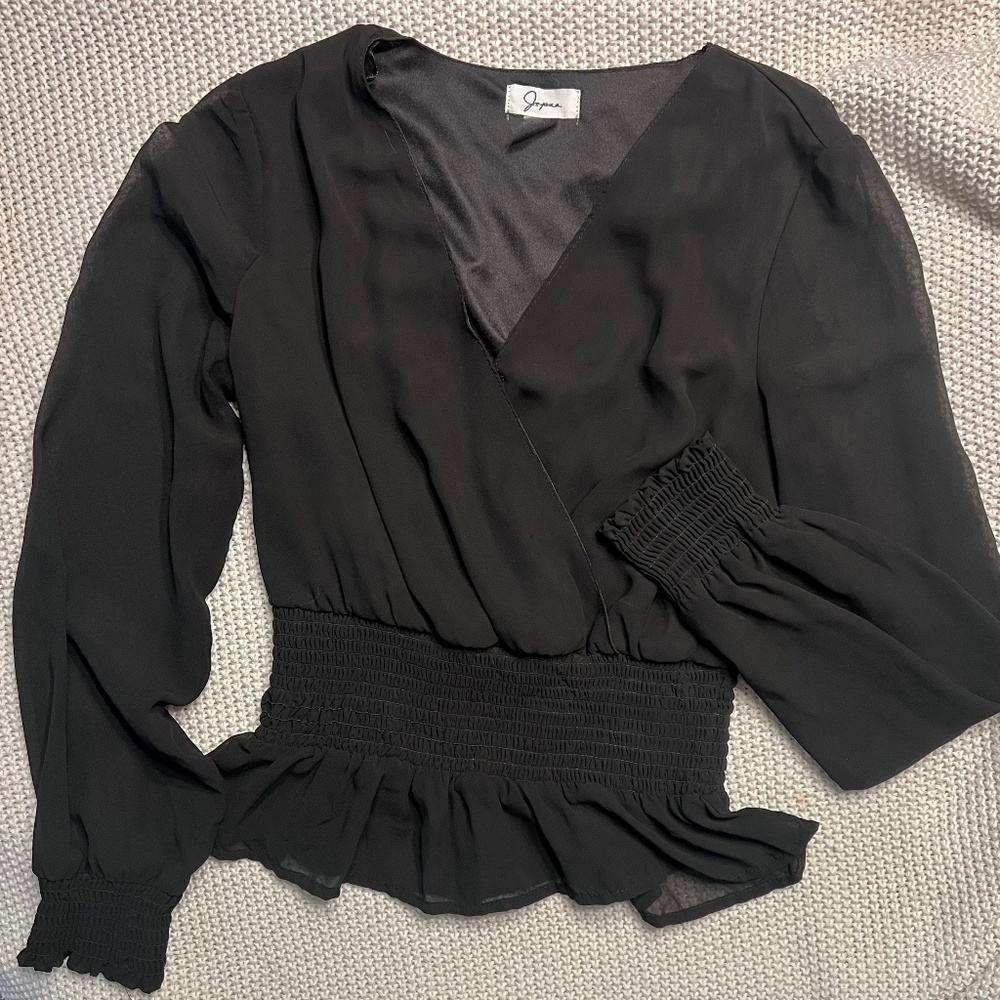 Smocked Waist Chiffon V Neck Wrap Blouse